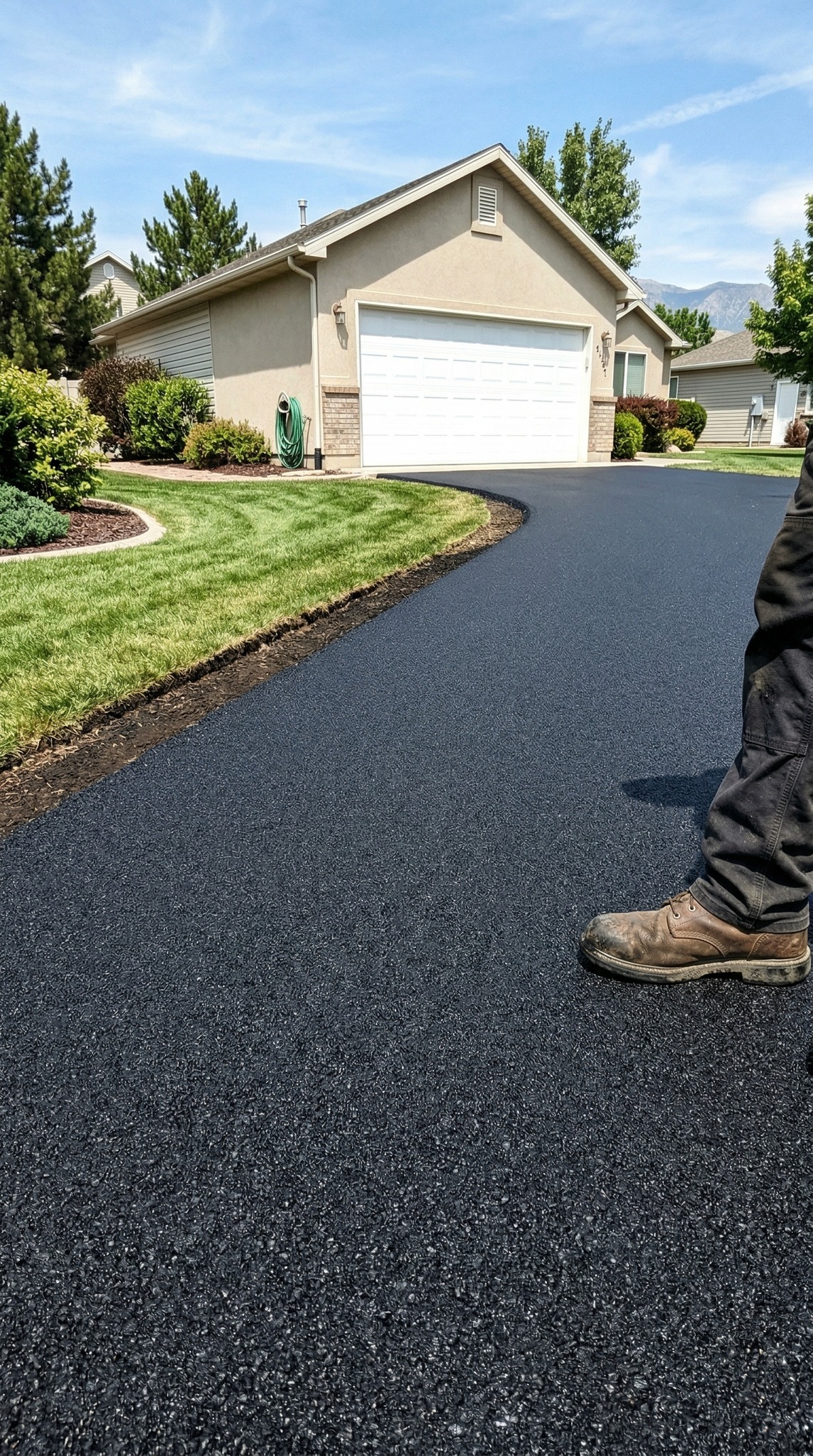 Driveway after resurfacing by D&M Paving, smooth fresh black asphalt